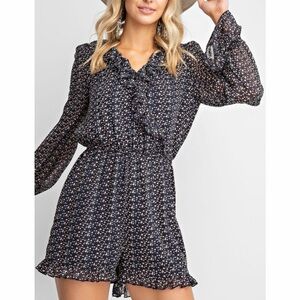 ❤️‍🔥❤️‍🔥2/14❤️‍🔥❤️‍🔥EASEL Navy Floral Long sleeve Ruffle Romper Small Button